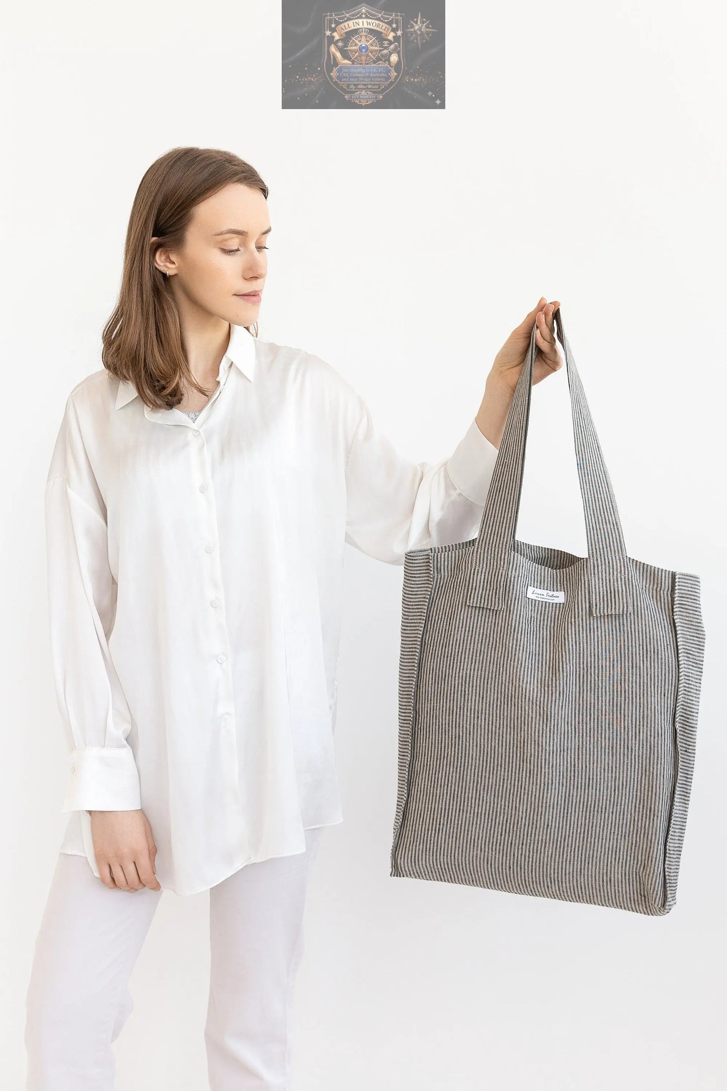 Striped Dark Grey linen weekender bag ALL IN 1 WORLD