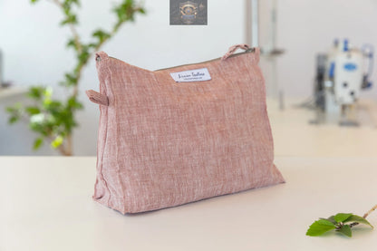 Melange burgundy linen large makeup bag with zipper - structured cosmetic organiser pouch - ALL IN 1 WORLD