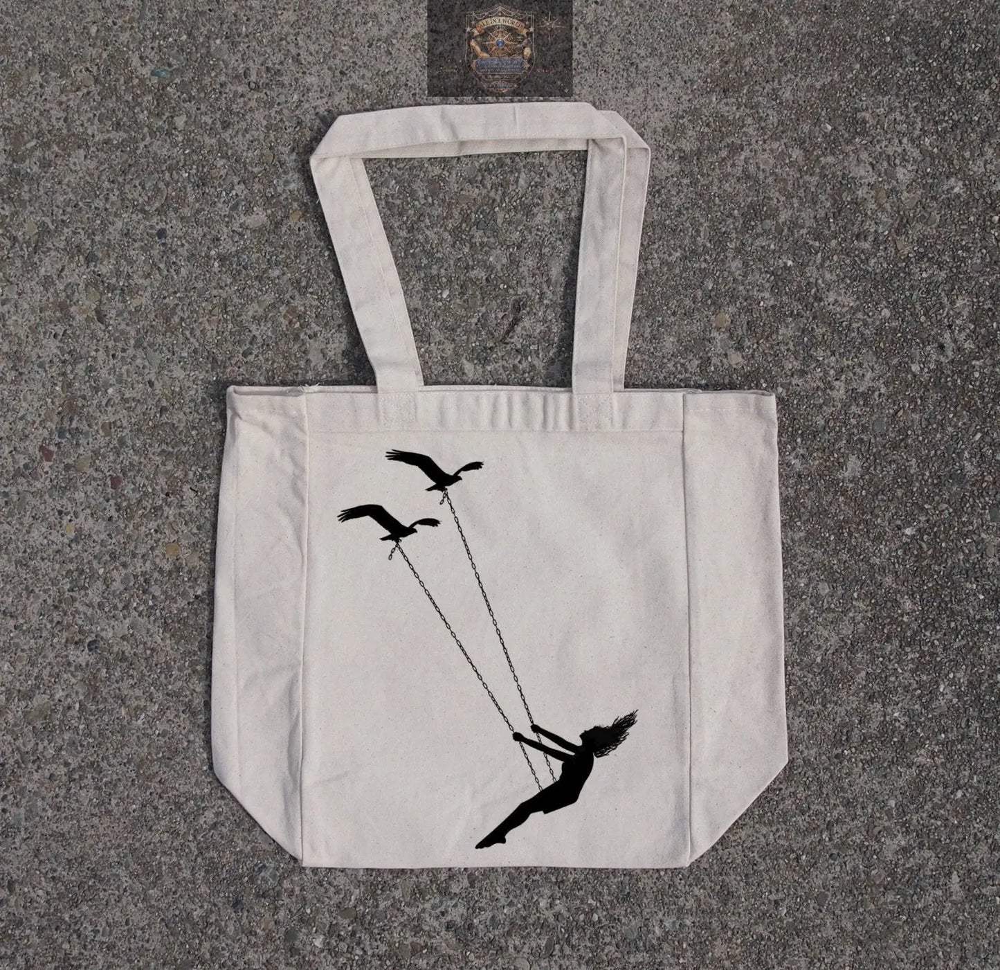 Flying bird swing- cotton canvas natural tote bag ALL IN 1 WORLD