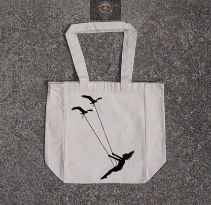 Flying bird swing- cotton canvas natural tote bag ALL IN 1 WORLD