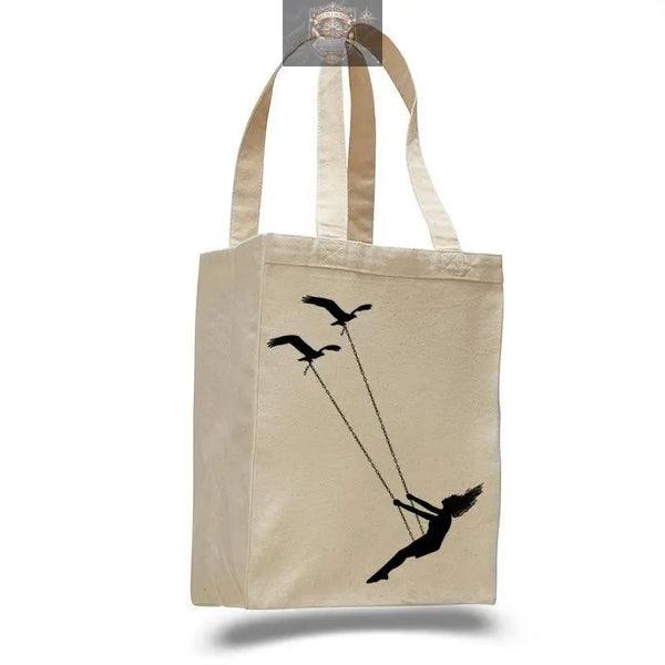 Flying bird swing- cotton canvas natural tote bag