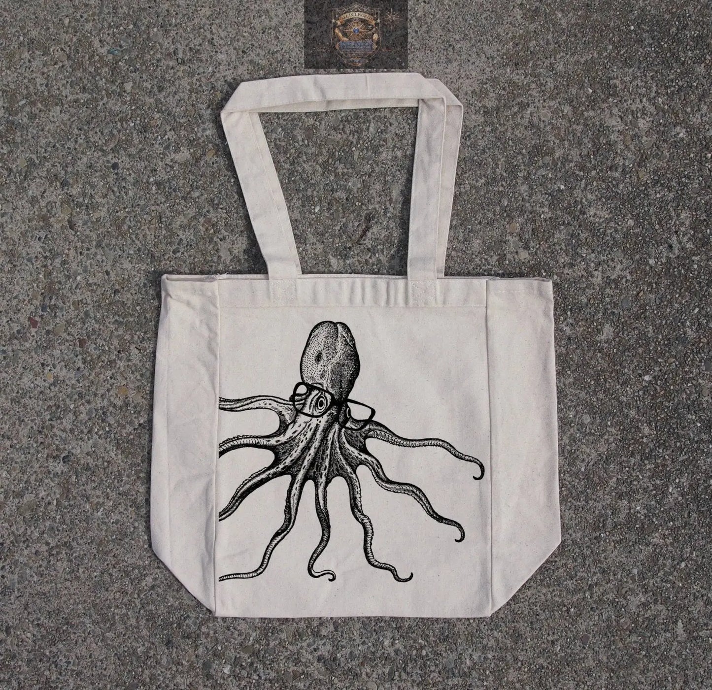 Octopus wearing glasses- cotton canvas natural tote bag ALL IN 1 WORLD
