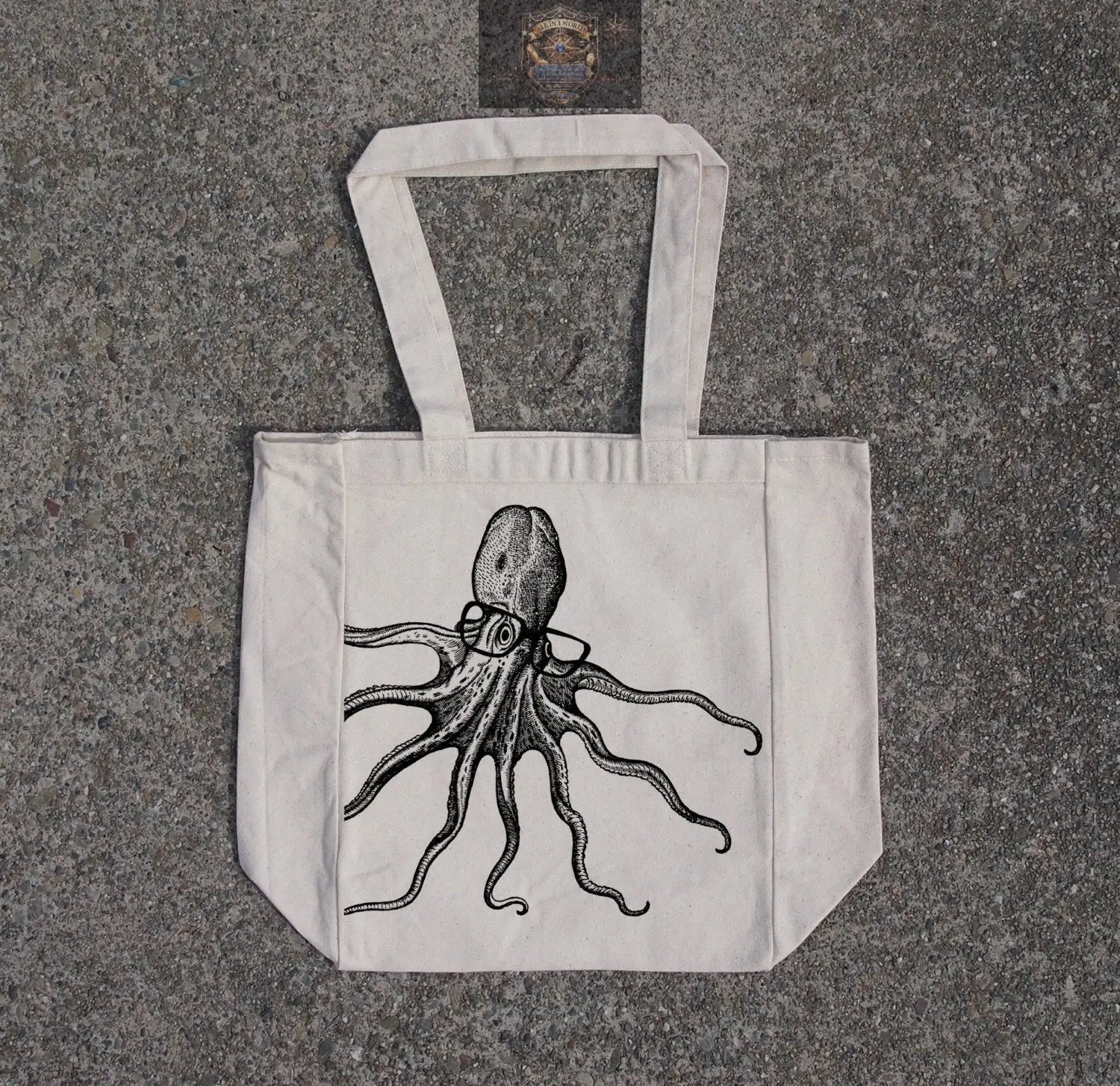 Octopus wearing glasses- cotton canvas natural tote bag ALL IN 1 WORLD