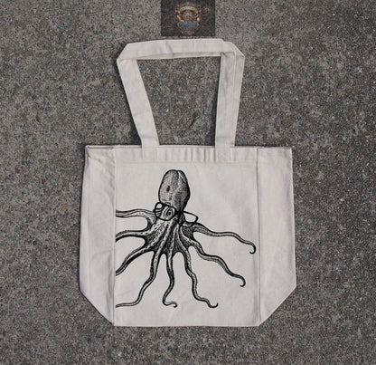 Octopus wearing glasses- cotton canvas natural tote bag ALL IN 1 WORLD