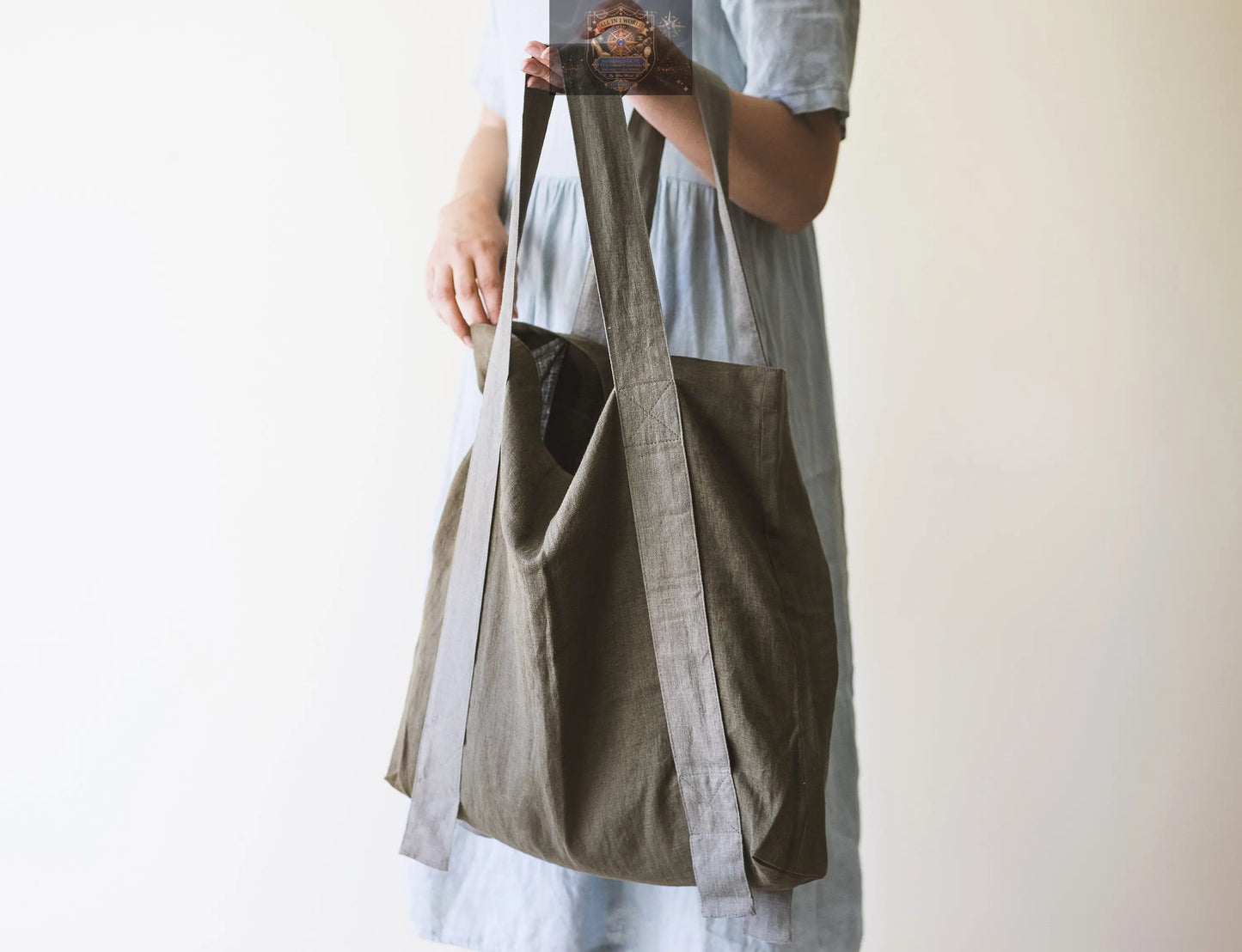 Two-tone safari green and greyish mint linen canvas shopping bag with contrast handles - reusable eco-friendly tote - ALL IN 1 WORLD