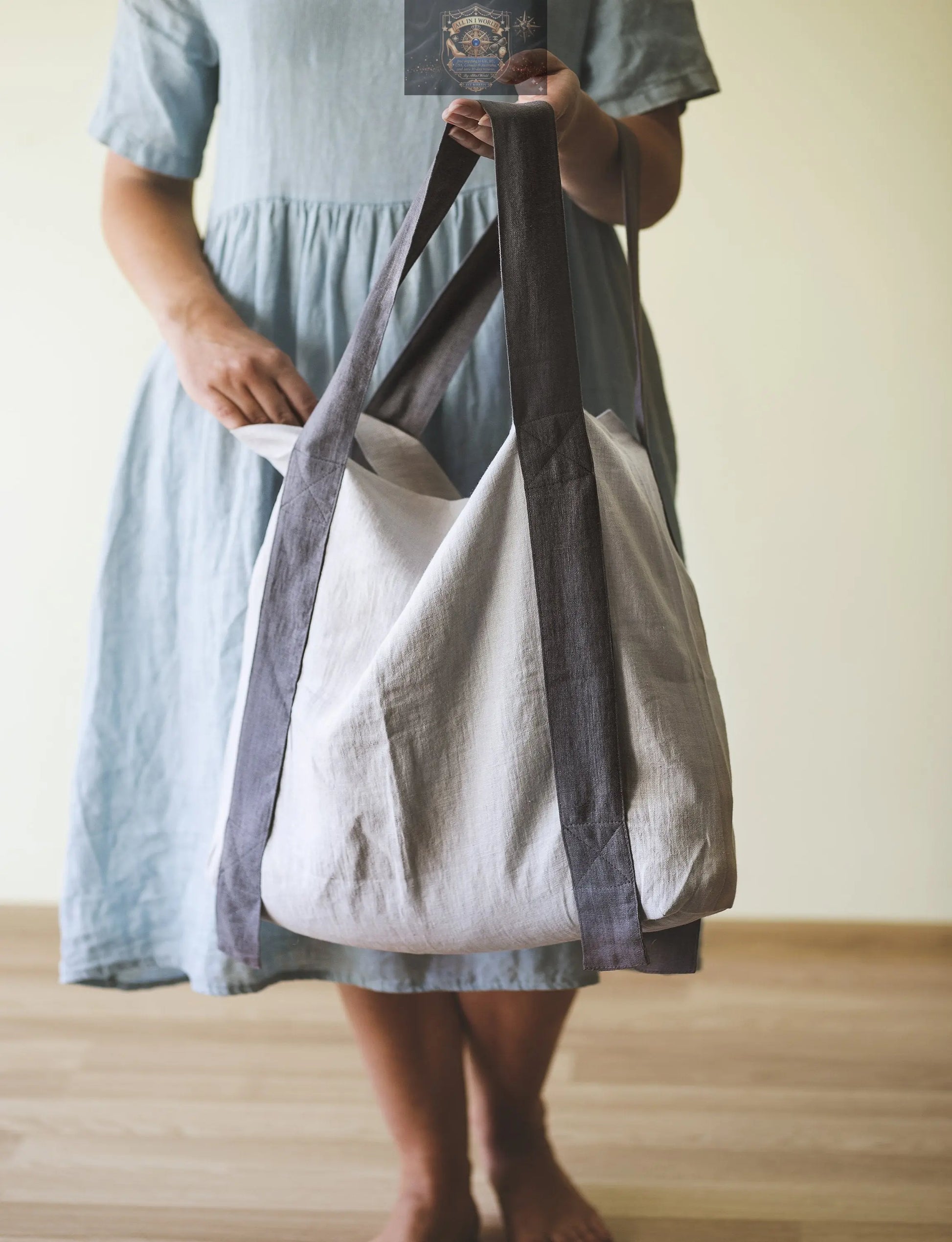 Safari Green and Greyish Mint linen canvas bag with two tones ALL IN 1 WORLD