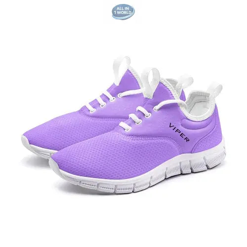 Perspective view of a pair of VIPER Style 54TF Lavender sneakers, showcasing the flexible white sole and breathable purple mesh design - Ultra-lightweight unisex athletic shoes - ALL IN 1 WORLD