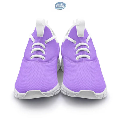 Front display of VIPER Style 54TF Lavender sneakers, featuring a breathable purple mesh upper and white athletic laces - Lightweight unisex sports footwear with a cushioned white sole - ALL IN 1 WORLD