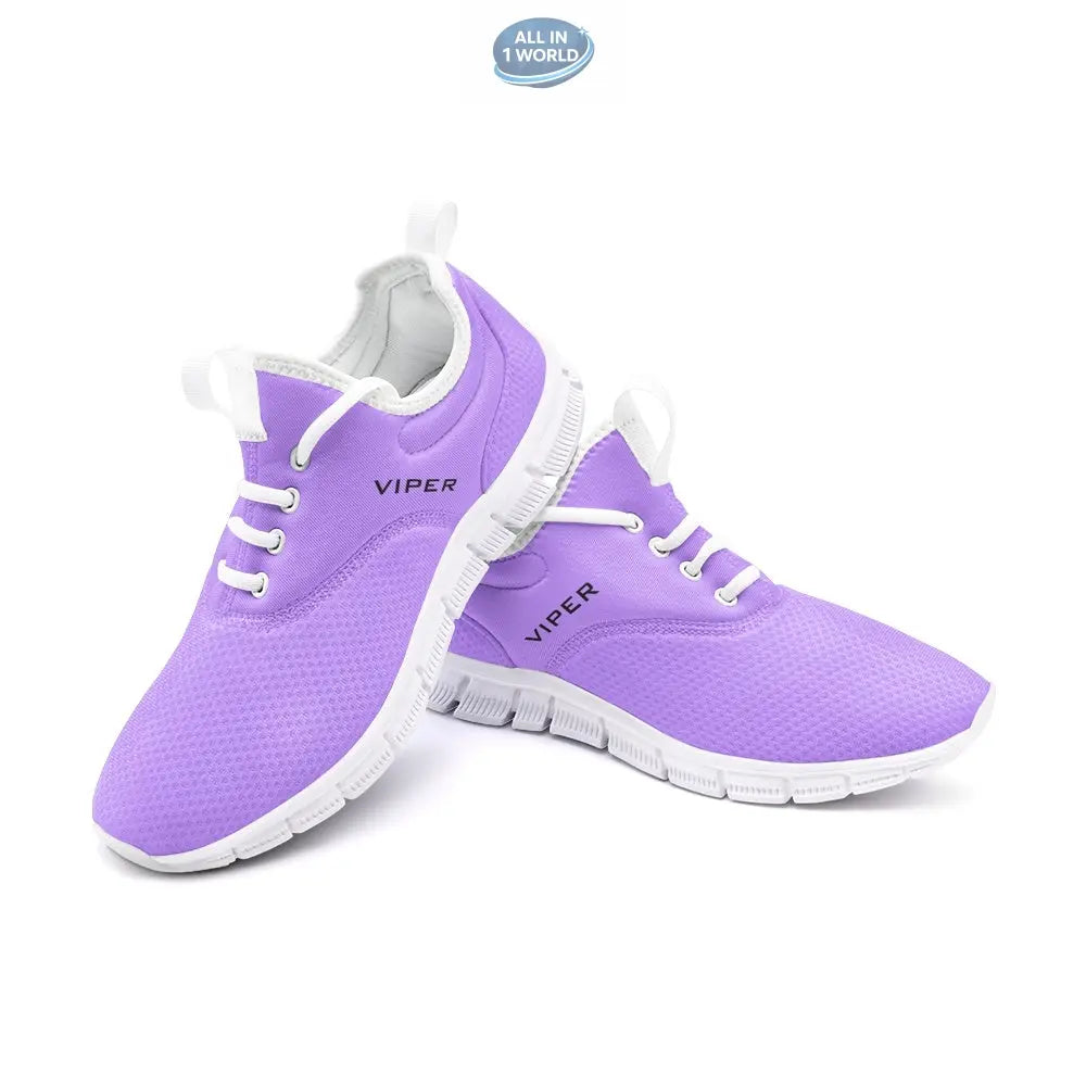 Perspective view of VIPER Style 54TF Lavender sneakers, featuring a breathable purple mesh upper and lightweight white flexible sole - Stylish unisex athletic footwear with black VIPER branding - ALL IN 1 WORLD