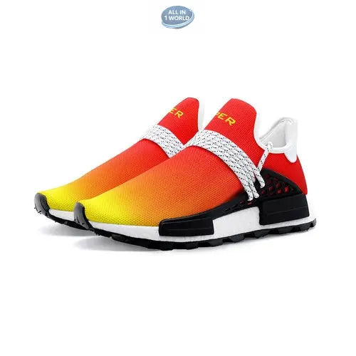Perspective view of VIPER 55TR sneakers with a red and yellow sunset gradient, featuring white patterned laces and a supportive black side cage - Premium unisex lightweight athletic shoe - ALL IN 1 WORLD