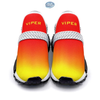 Front view of VIPER STYLE 55TR unisex sneakers featuring a vibrant red and yellow gradient design - Lightweight athletic footwear with white patterned laces and gold VIPER branding - ALL IN 1 WORLD