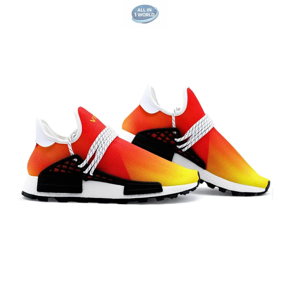 Side profile of VIPER 55TR gradient sneakers, showcasing the black support cage, white patterned laces, and the vibrant red-to-yellow sunset ombré design - Performance lightweight athletic footwear - ALL IN 1 WORLD