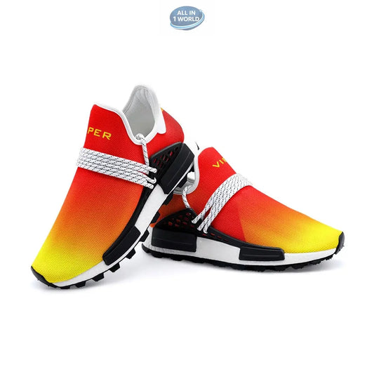 Dynamic side view of VIPER 55TR red and yellow gradient sneakers, featuring a chunky black and white performance sole and a breathable textile upper - Modern unisex athletic footwear - ALL IN 1 WORLD