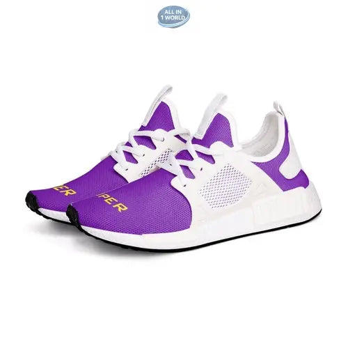 Side perspective of the VIPER 54TR purple and white sneakers, highlighting the breathable mesh panels and the supportive white side cage - Trendy unisex athletic footwear for casual and gym wear - ALL IN 1 WORLD