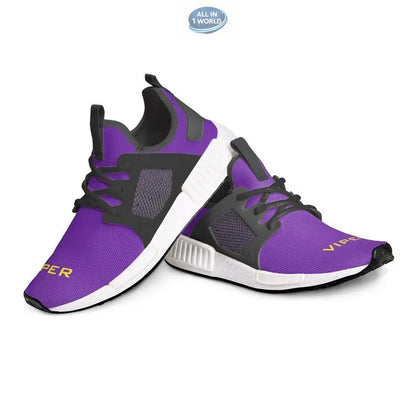 Perspective view of purple VIPER 54TR sneakers with black supportive side cages and black laces - Features a breathable purple textile upper and a cushioned white sole - Modern unisex athletic footwear - ALL IN 1 WORLD