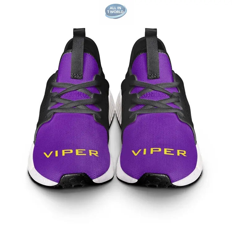 Front view of VIPER STYLE 54TR purple sneakers featuring a bold yellow VIPER logo - Lightweight unisex athletic footwear with black accents and a comfortable white sole - ALL IN 1 WORLD