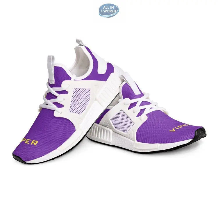 Dynamic side view of purple VIPER 54TR sneakers, showcasing the white supportive side cage and breathable mesh upper - Stylish unisex athletic footwear with yellow VIPER branding - ALL IN 1 WORLD