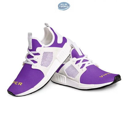 Dynamic side view of purple VIPER 54TR sneakers, showcasing the white supportive side cage and breathable mesh upper - Stylish unisex athletic footwear with yellow VIPER branding - ALL IN 1 WORLD