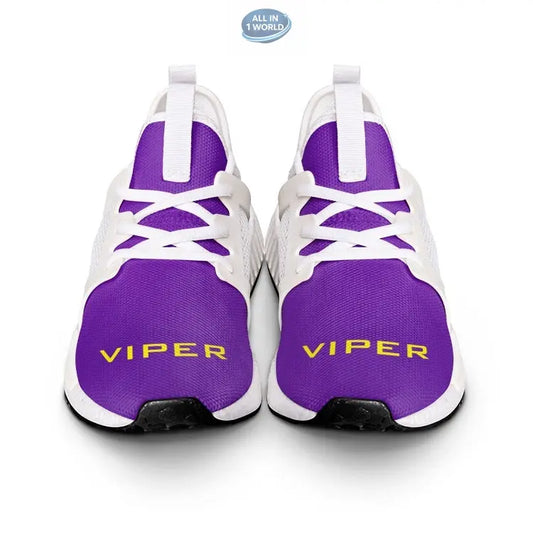 Front display of purple VIPER 54TR sneakers with white laces and white tongue detailing - Featuring the yellow VIPER logo on a vibrant purple textile upper - Lightweight athletic footwear - ALL IN 1 WORLD