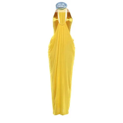 Front view of a vibrant yellow Spring maxi dress featuring a deep V-plunge neckline and sexy pleated waist design - Elegant tight-fit long dress for women - ALL IN 1 WORLD