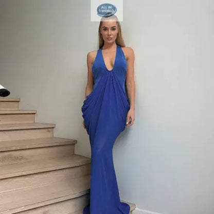 Stunning royal blue spring evening dress, featuring a deep V-plunge neckline and sophisticated pleated waist design - Floor-length tight-fit gown for formal events - ALL IN 1 WORLD