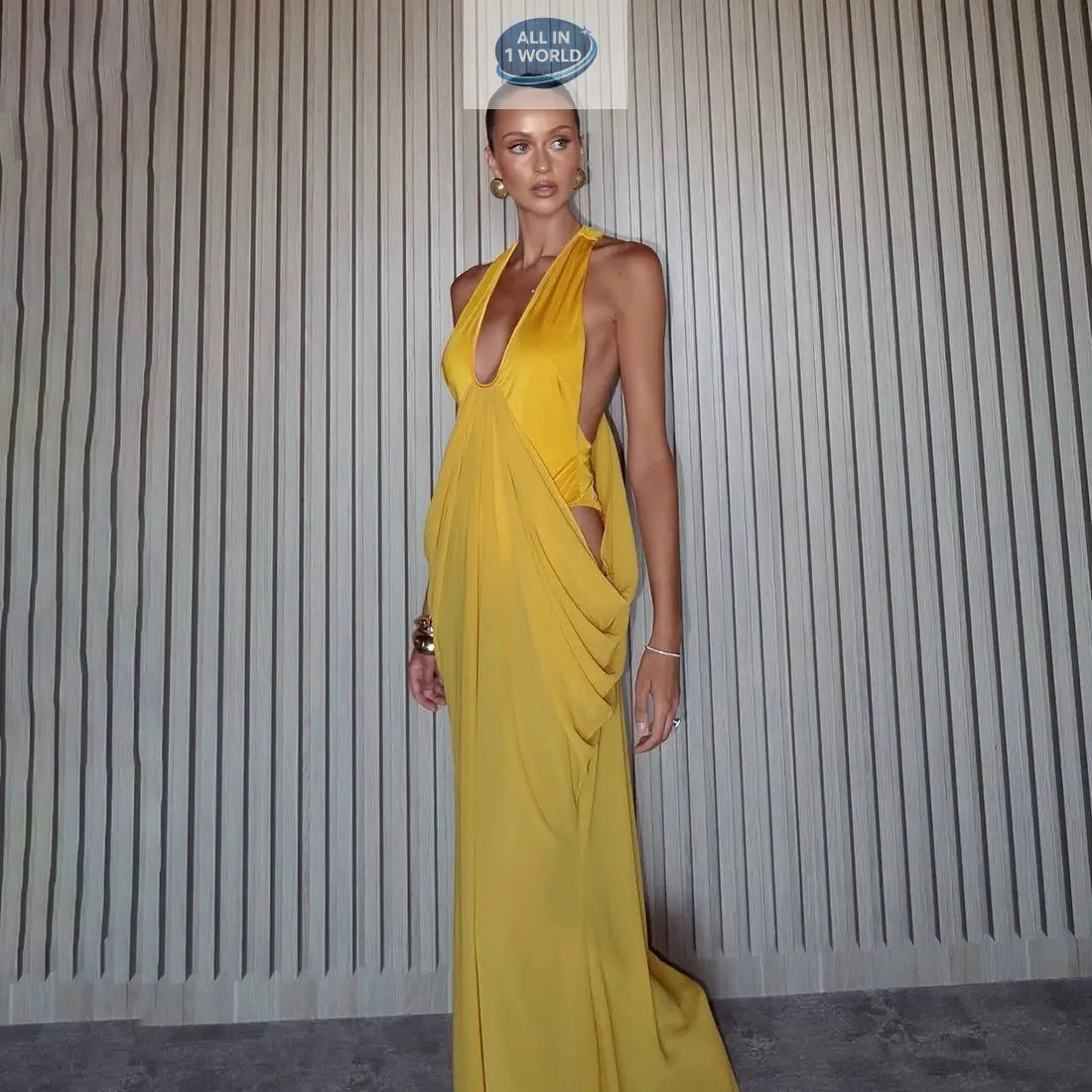 Three-quarter view of the glamorous yellow spring dress, featuring a plunging V-neckline and elegant side draping that creates a flowing silhouette - Premium evening gown - ALL IN 1 WORLD