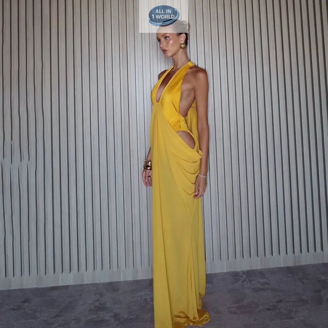 Side view of the sexy yellow spring dress for women, highlighting the draped pleated fabric, deep side cut-out, and elegant floor-length silhouette - Luxury evening wear - ALL IN 1 WORLD