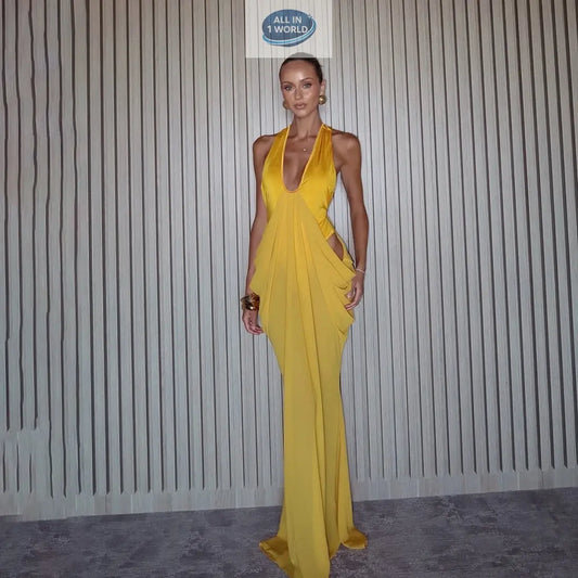Elegant spring women's long dress in vibrant yellow, featuring a deep V-neck plunge, sexy pleated waist, and tight fit design - High-fashion evening gown for special occasions - ALL IN 1 WORLD
