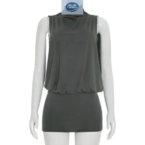 Studio product shot of a dark olive sleeveless bodycon mini dress featuring a turtleneck and layered bodice design - Clean front view showing the tight-fit silhouette - High-quality summer fashion - ALL IN 1 WORLD