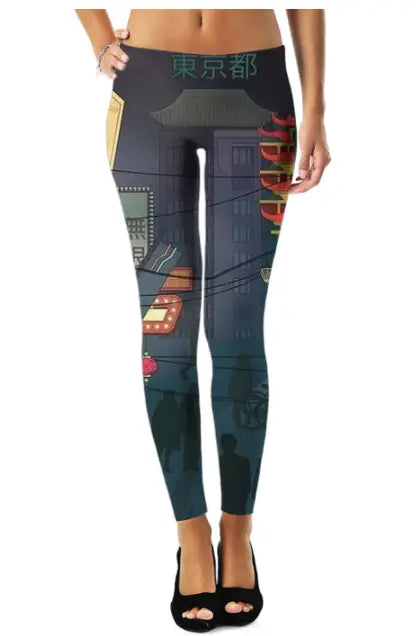 Tokyo-themed print high-waist performance leggings for women - breathable compression workout activewear - ALL IN 1 WORLD