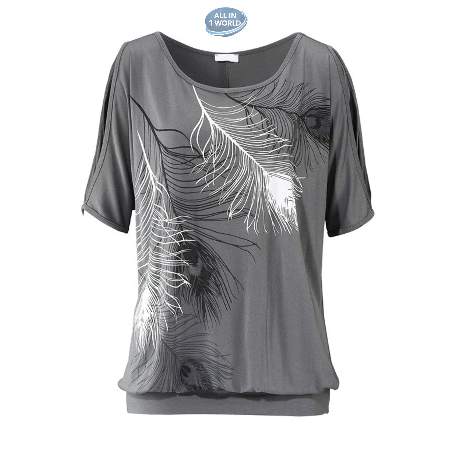 Professional studio shot of a grey women's t-shirt with a sophisticated peacock feather print - Features open-shoulder cut-out sleeves and a comfortable banded hemline - Minimalist boho summer top - ALL IN 1 WORLD