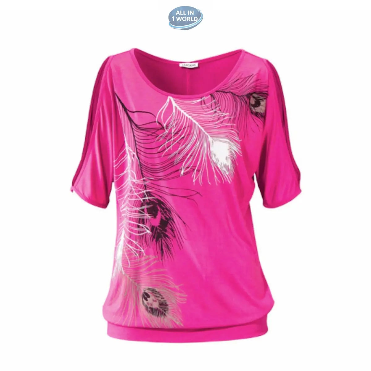 Studio product image of a fuchsia pink women's t-shirt with a detailed feather print - Features scoop neck and stylish open-shoulder cut-out sleeves - High-quality casual summer apparel - ALL IN 1 WORLD