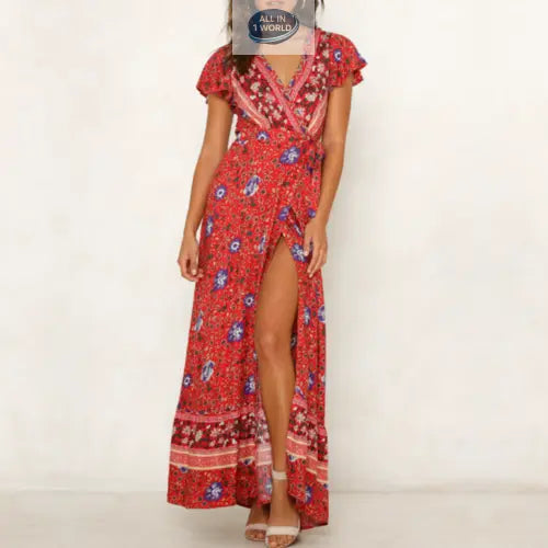 Front view of a vibrant red floral wrap maxi dress with a deep V-neck and a high side slit - Stylish boho summer long dress with botanical prints - ALL IN 1 WORLD