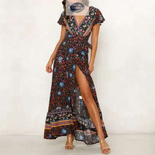 Front centered view of a navy blue floral wrap maxi dress with a plunging V-neck and high leg slit - Elegant bohemian summer long dress for women - ALL IN 1 WORLD