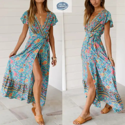 Stunning turquoise floral wrap maxi dress for women, featuring butterfly sleeves, a deep V-neck, and a stylish high-slit skirt - Bohemian summer fashion with vibrant flower patterns - ALL IN 1 WORLD