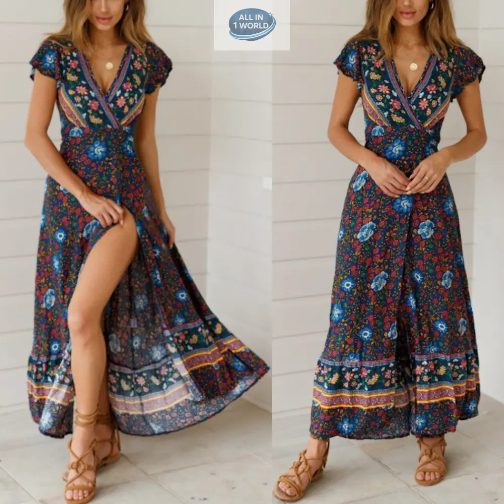 Double view of a navy blue floral wrap maxi dress with a deep V-neck and high leg slit - Elegant boho-chic summer fashion with colorful botanical prints - ALL IN 1 WORLD