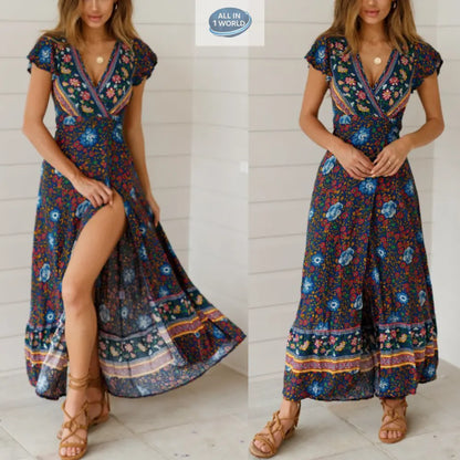 Double view of a navy blue floral wrap maxi dress with a deep V-neck and high leg slit - Elegant boho-chic summer fashion with colorful botanical prints - ALL IN 1 WORLD