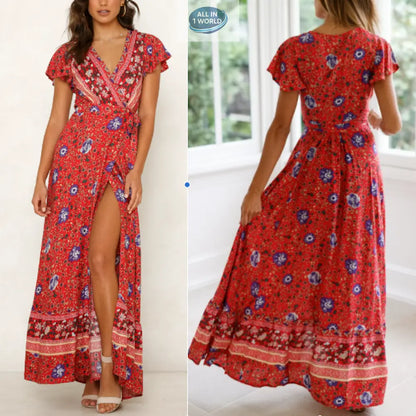 Front and back view of a women's floral wrap maxi dress in red, featuring a deep V-neck, butterfly sleeves, and a high-slit skirt - Elegant bohemian style summer dress - ALL IN 1 WORLD