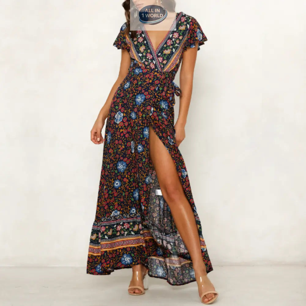 Elegant black floral wrap maxi dress with vibrant multi-color flower patterns, featuring a plunging V-neck, butterfly sleeves, and a high-leg slit - Versatile bohemian summer gown - ALL IN 1 WORLD
