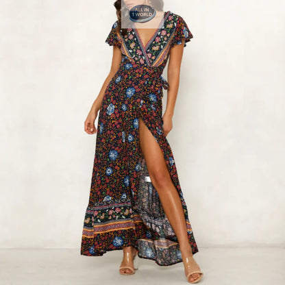 Elegant black floral wrap maxi dress with vibrant multi-color flower patterns, featuring a plunging V-neck, butterfly sleeves, and a high-leg slit - Versatile bohemian summer gown - ALL IN 1 WORLD
